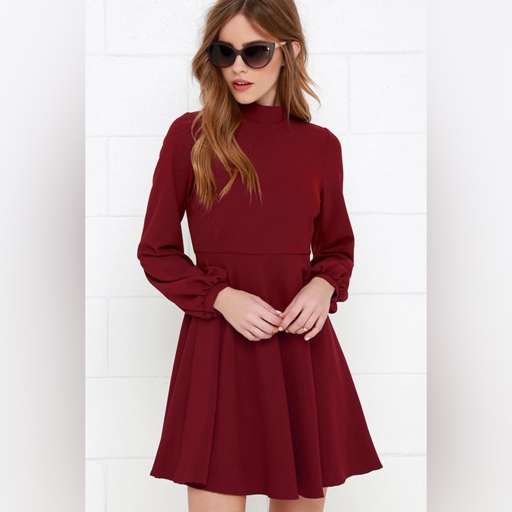 Lulus Got the Notion Wine Red Long Sleeve Dress